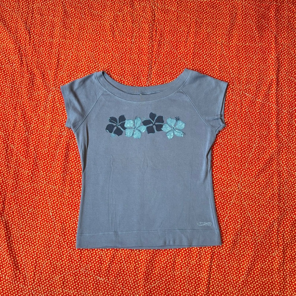 Crazy Shirts Hawaii Blue Hibiscus Floral Graphic Cap Sleeve Scoop Neck Tee L